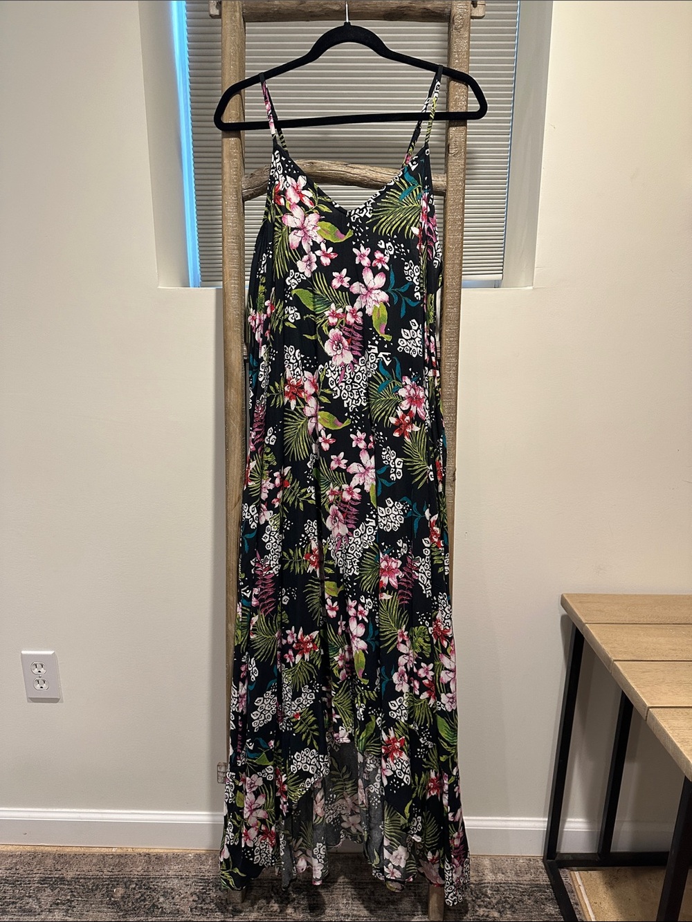 Raviya Black Floral Maxi Slip Dress with Pink & Green Print